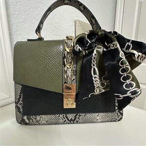 Aldo Cailla Green Snakeskin, Silk Scarf, Textured Handbag